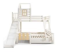 Lit superposé, 90 x 200 cm et 140 x 200 cm, avec tiroir, toboggan et échelle, lit mezzanine, avec sommier à lattes, design blockhaus, sans matelas