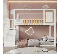 Lit superposé 90 x 200 cm, Lit enfant avec escaliers, garde-corps de sécurité, fenêtres et Stockage, structure en pin massif, Blanc