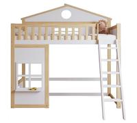 Lit superposé 90 x 200 cm, lit mezzanine pour 2 enfants, lit cabane, lit double en bois avec sommier à lattes et barrière de sécurité, pin, sans matelas, blanc et naturel.