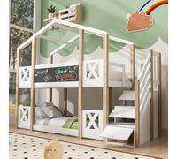Lit superposé, 90 x 200 cm, pour 2 enfants, cabane dans les arbres, avec escalier, sommier à lattes et protection anti-chute (escalier et espace de rangement)