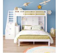 Lit superposé, 90 x 200 et 140 x 200 cm, lit enfant avec escalier de rangement et table d'appoint mobile,Blanc