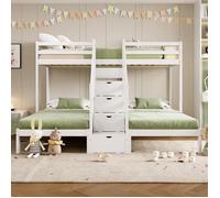 Lit superposé 90 x 200cm Lit enfants Lit adolescent Lit triple en bois avec tiroirs, garde-corps, certifié en 747 - blanc