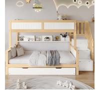 Lit superposé 90x120x200 cm blanc et bois naturel avec 3 couchages, lit escamotable, penderie et escalier-penderie