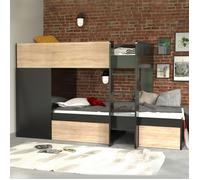 Lit superposé TWIN 90x190 avec armoire et tiroirs + 2 sommiers / Noir et Chêne blanch Noir et Chêne