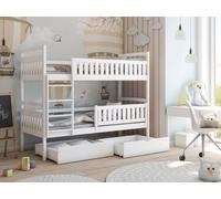 Lit superposé 90x200, 2 tiroirs, sommier à lattes, protection chute, convertible en 2 lits simples, bois massif blanc.