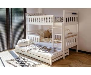 Lit superposé 90x200 avec 3 matelas, lit avec fonction gigogne, deux tiroirs, sommier à lattes, barrière de sécurité convertible en TROIS lits simples, bois massif, blanc | de 4 à 18 ans