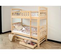 Lit superposé 90x200 avec lit gigogne - Sommier INCLUS - Lit superposé convertible - 3 lits simples - 2 tiroirs - Bois naturel