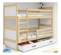 Lit superposé 90x200 Bois Massif, Pin, Barrière de sécurité, Sommier, Tiroir, Enfant, Séparable en 2 lit (Pin+Blanc), Interbeds