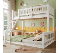 Lit superposé 90x200 cm + 140x200 cm avec échelle, Lit enfant avec barrières de lit, Style simple, Lit 2 personnes en blanc