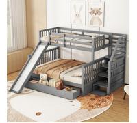 Lit Superposé - 90x200 cm + 140x200 cm, Lit Enfant avec Tiroirs, Espace de Rangement et Toboggan,Multifonctionnel, Sans Matelas,Gris