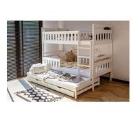 Lit superposé 90x200 avec 3 matelas, lit avec fonction gigogne, deux tiroirs, sommier à lattes, barrière de sécurité convertible en TROIS lits simples, bois massif, blanc | de 4 à 18 ans