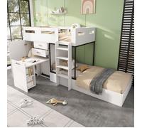 Lit superposé 90x200 cm blanc avec bureau escamotable, armoire, tiroirs, étagères et échelle (sans matelas) blanc LITS SUPERPOSES