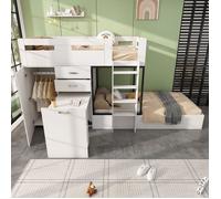 Lit superposé 90x200 cm blanc avec bureau escamotable, armoire, tiroirs, étagères et échelle (sans matelas)