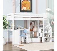 Lit superposé 90x200 cm blanc avec bureau, tiroirs, armoire ouverte et échelle escamotable - barrière de sécurité