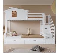 Lit superposé 90x200 cm, lit enfant avec 2 tiroirs à roulettes, armoire d'angle avec échelle, sommier à lattes,