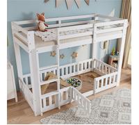 Lit superposé 90x200 cm, Lit enfant avec barrières et portes, Lit 2 personnes avec escalier à angle droit, Bois massif, Blanc