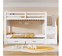 Lit superposé 90x200 cm, lit escamotable, 2 tiroirs, escalier rangement, armoire, blanc