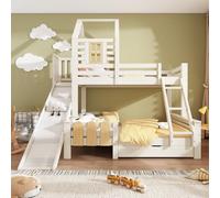 Lit superposé 90x200 et 140x200 cm, lit cabane Enfants Maison avec tiroir, Toboggan et échelle, lit Mezzanine Enfant avec sommier à Lattes, Design cabane en rondins (sans Matelas)
