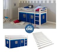 Lit superposé 90x200 Lit d'enfant mezzanine Lattes Bois Rideau Bleu Homestyle4u