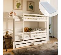 Lit mezzanine 90x200 avec lit gigogne et trois matelas Lit superposé avec deux tiroirs, sommier à lattes, protection contre les chutes, transformable en trois lits simples, en bois massif blanc
