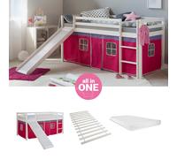 Lit superposé 90x200 Toboggan d'enfant mezzanine Matelas Rideau Rose Homestyle4u
