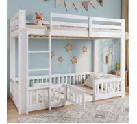 Lit Superpose 90x200cm Pin/LVL Blanc - Escalier Angle Droit + Rampe/porte, Scurit Antichute - Espace Libre Sous Lit - Lit enfant