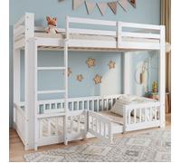 Lit Superpose 90x200cm Pin/LVL Blanc - Escalier Angle Droit + Rampe/porte, Scurit Antichute - Espace Libre Sous Lit - Lit enfant