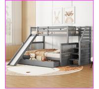 Lit Superposé à Niveaux Décalés pour Enfants - 90x200 cm (Haut) / 140x200 cm (Bas) - Avec Schublades, Stauraum et Rutsche - Gris