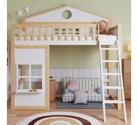 Lit superposé avec escalier, avec protection anti-chute et grillage, lit pour enfant avec toit et fenêtre, sous-lit libre, cadre en pin + MDF, blanc + naturel, 90 x 200 cm