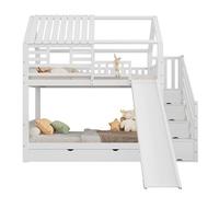 Lit superposé avec escalier et toboggan, lit de maison, escalier avec espace de rangement, lit avec fenêtre et toit, avec grille de protection anti-chute et tiroir, cadre en pin et MDF, blanc, (90 x