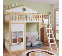 Lit superposé, avec escalier, protection anti-chute et grillage, toit et fenêtre, sous-lit libre, cadre en pin + MDF, blanc + naturel, 90 x 200 cm