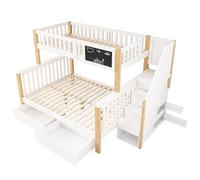 Lit superposé avec rangement intégré, structure en bois stable, tableau pour une utilisation créative, rampe pour un sommeil sûr, escalier avec compartiments, miracle d'espace moderne (blanc + chêne