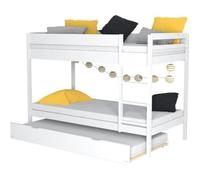 Lit superposé avec tiroir lit - 3 x 90 x 190 cm - Bois Pin massif - Blanc - Sommiers inclus - WALLY