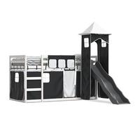Lit superposé avec toboggan et rideaux, 90 x 200 cm, blanc et noir, design stable avec toboggan pour jouer en toute sécurité, idéal pour les chambres d'enfants et les petites pièces