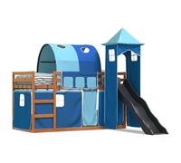 Lit superposé avec toboggan et rideaux, bleu, 90 x 200 cm, pour chambre d'enfant, peu encombrant et sûr, avec échelle d'escalade, parfait pour les frères et sœurs ou les invités