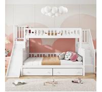 Lit Superposé Bois-Toboggan Ludique-2 Tiroirs Étagère-Sécurité Renforcée-90x140x200cm Blanc-Jeu Pratique-Design Enfant sans Matelas