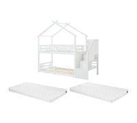 Lit superposé cabane 90 x 190 cm - Pin et MDF + Matelas - Blanc - TALETY