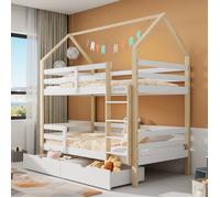 Lit superpose cabane 90 x 200 cm - 2 places - Lit enfant avec 2 tiroirs - Bois de pin - Rails de scurit O.Ye multic LITS SUPERPOSES