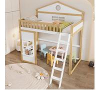 Lit Superposé Cabane 90x200 cm Pin/MDF Blanc/Naturel Toit Fenêtre Couchage Modulable Barrière Anti-Chute blanc LIT MEZZANINE