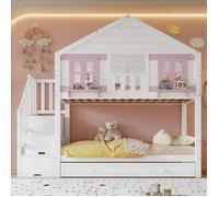 Lit Superposé Cabane 90x200cm - AMBIANCE - Lit Enfant avec Lit Gigogne, Escalier Rangement et Penderie Chambre Fille - Blanc Rose
