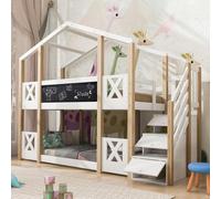 Lit superposé cabane 90x200cm, avec espace de rangement, large escalier roulant, protection contre les chutes, 2x sommier à lattes, blanc
