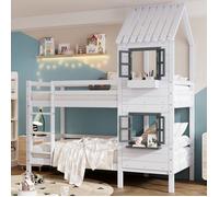 Lit Superposé cabane 90x200cm - Lit superposer enfants 2 places avec Rangement - Échelle et Barrière de Sécurité - Blanc et Gris