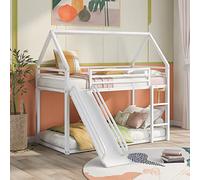 Lit Superposé Cabane avec Toboggan en Métal, 2 Places 90x190 cm, Lit Toboggan pour Fille ou Garçon,Avec échelle ,Barrière de sécurité,Toit,Lit Cabane,Cadre de lit avec glissière Convertible,Noir