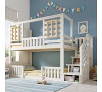 Lit Superposé Cabane en Bois avec Escalier, pour Enfant, Blanc, 90x200 cm