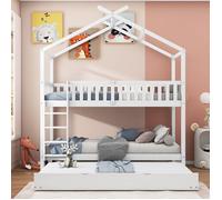 Lit Superposé Cabane Enfant 90x200cm - 3 Lits Gigogne Peu Encombrants - Design Blanc Sans Matelas