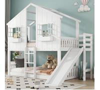 Lit superposé cabane enfant avec toboggan, fenêtres décoratives, garde-corps sécurisé et échelle à 3 marches, blanc, 90x200 cm