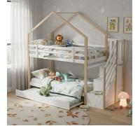 Lit superposé cabane extensible 90x200 / 90x190 cm - escalier 3 tiroirs, sommier à lattes, blanc et naturel
