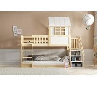 Lit Superposé Cabane pour Enfants 90x200 cm - Mezzanine avec Escalier et Echelle, Bois Massif de Pin Naturel, Écologique, Barrière de Sécurité, Sommier Inclus, sans Matelas, Toit Maisonette