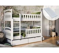 Lit superposé convertible 90x200 cm - Matelas inclus - Lit enfant avec sommier + 2 tiroirs - 2 lit simples en bois de Pin - Blanc