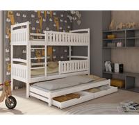 Lit superposé convertible enfant - Avec lit gigogne - 2 tiroirs - Sommier + matelas inclus - 2 lits 90x200 et 1 lit 90x190 - Blanc